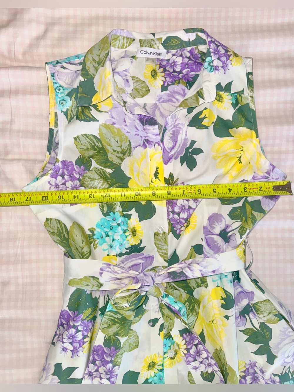 Calvin Klein Yellow & Purple Floral Shirtwaist Dress with Tie Belt - Picture 4 of 11